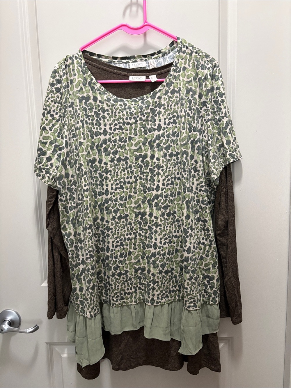 LOGO by Lori Goldstein Olive Green Leopard Layered Tunic with Brown Underlayer